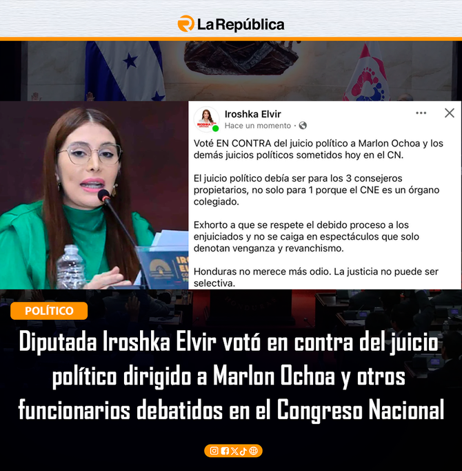 Diputada Iroshka Elvir votó en contra del juicio  político dirigido a Marlon Ochoa y otros  funcionarios debatidos en el Congreso Nacional - Cover Image